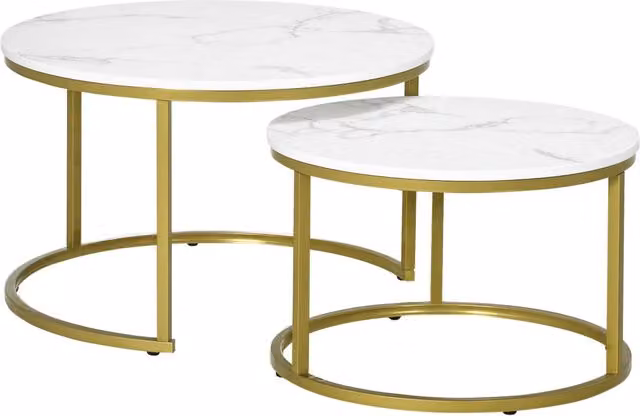 Set di 2 tavolini da caffè rotondi impilabili Xylo con effetto marmo bianco e gambe in acciaio dorato, Altezza: 74 cm