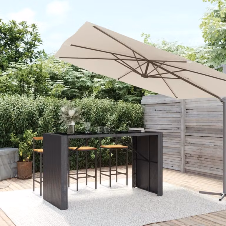 vidaXL Tavolo da Bar Moderno in Polyrattan con Piano in Vetro Nero L: 185 cm, P: 80 cm, H: 110 cm