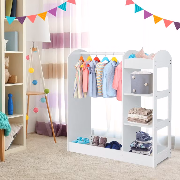Costway Armadio per bambini bianco con specchio, appendiabiti e scaffali per cameretta