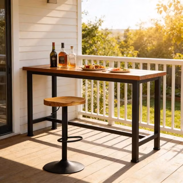 Sgabello da bar girevole OKWISH in legno e metallo marrone con seduta ergonomica e poggiapiedi stile industriale