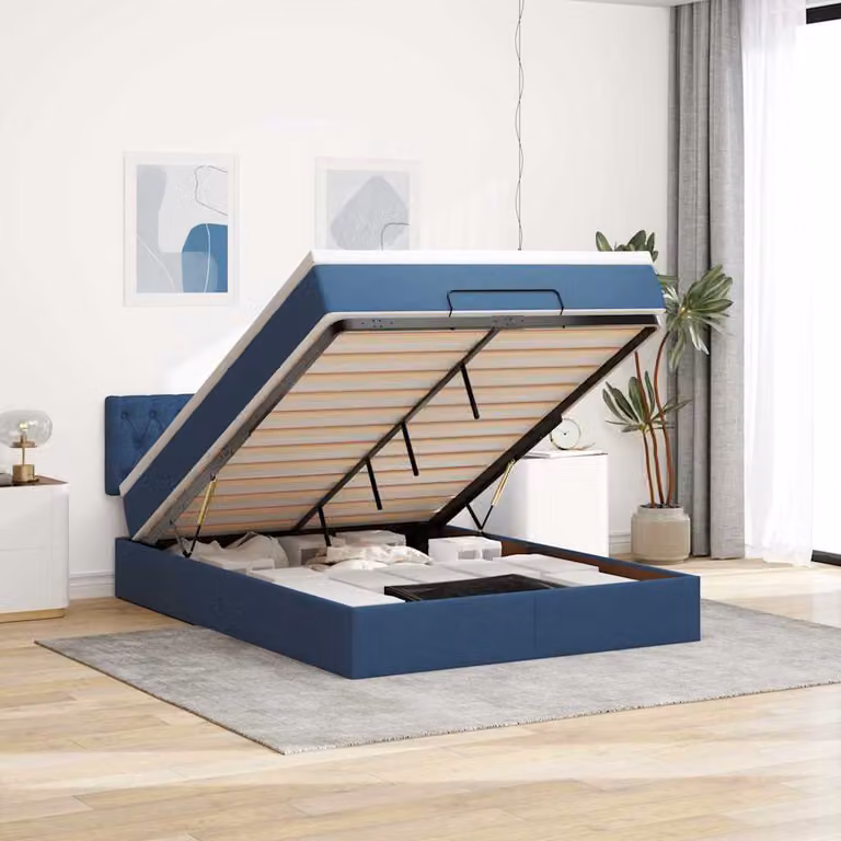 vidaXL Struttura Letto con Materasso e Contenitore a Sollevamento, Tessuto Blu e Bianco, L/P/H: 200 x 140 x 88 cm