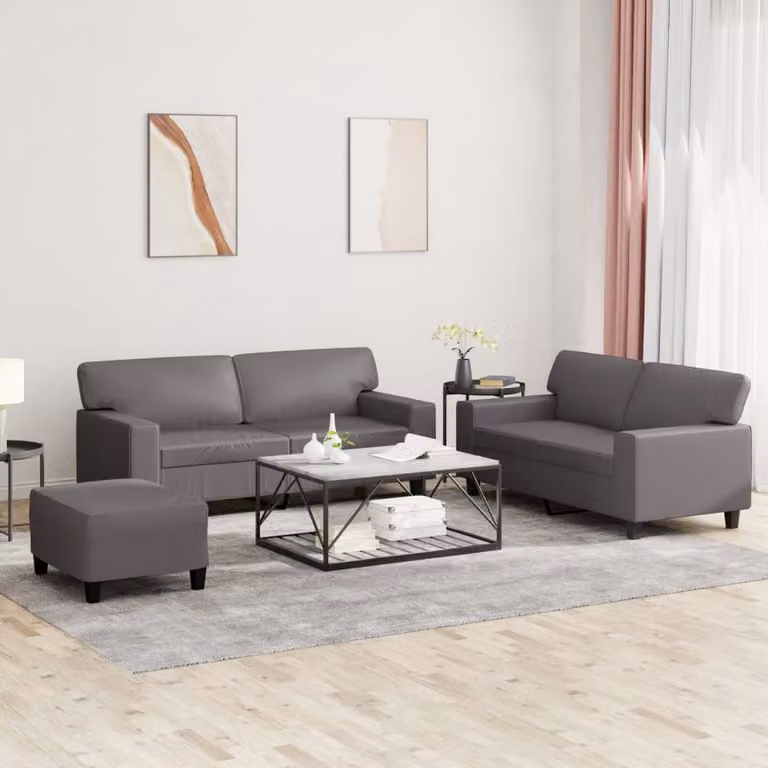 Set di divani vidaXL 3 pezzi in similpelle grigio con pouf e cuscini per soggiorno moderno