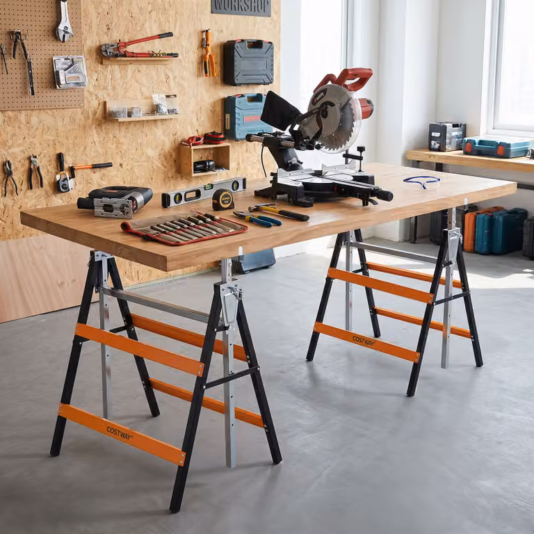 Set di 2 cavalletti da lavoro pieghevoli Costway in metallo con altezza regolabile, Arancione