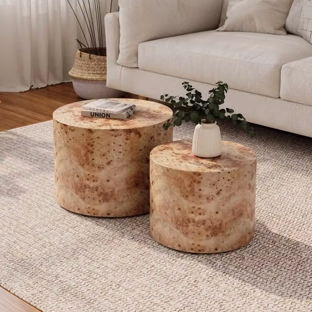 Set di 2 tavolini rotondi MINIMAL in legno naturale marrone per soggiorno e camera da letto