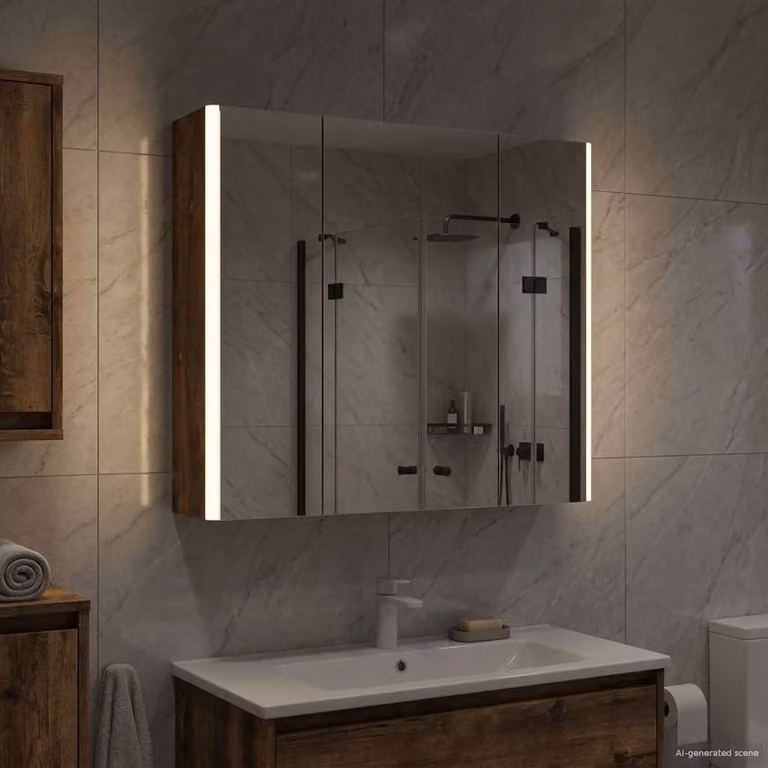 Mobiletto per specchio da bagno moderno vidaXL in MDF Rovere fumé con illuminazione LED e specchio, L: 63,5 cm, H: 60,5 cm, P: 15,5 cm