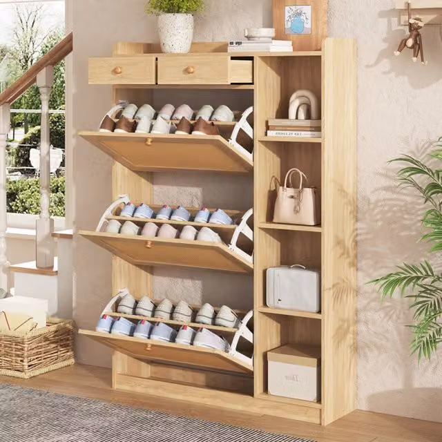 Scarpiera OKWISH beige con 3 ante ribaltabili, 2 cassetti e ripiani aperti, ideale per ingresso, L/P/H: 90 x 24 x 130 cm