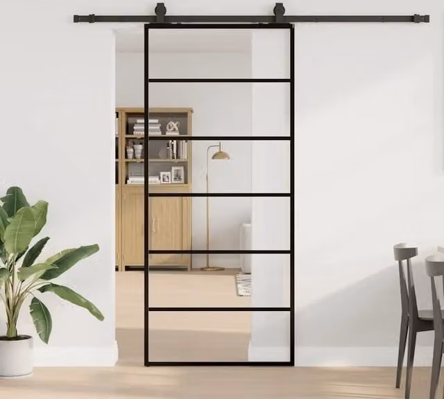 Porta Scorrevole Moderna VIDAXL in Vetro Trasparente con Telaio in Alluminio e Ferramenta Nera L: 90 cm, H: 205 cm