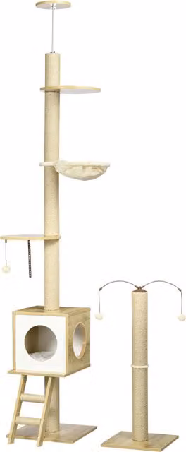 Albero per Gatti PawHut in Legno con Casetta, Amaca e Tiragraffi, Colore Marrone e Beige, L/P/H: 40 x 40 x 225-285 cm
