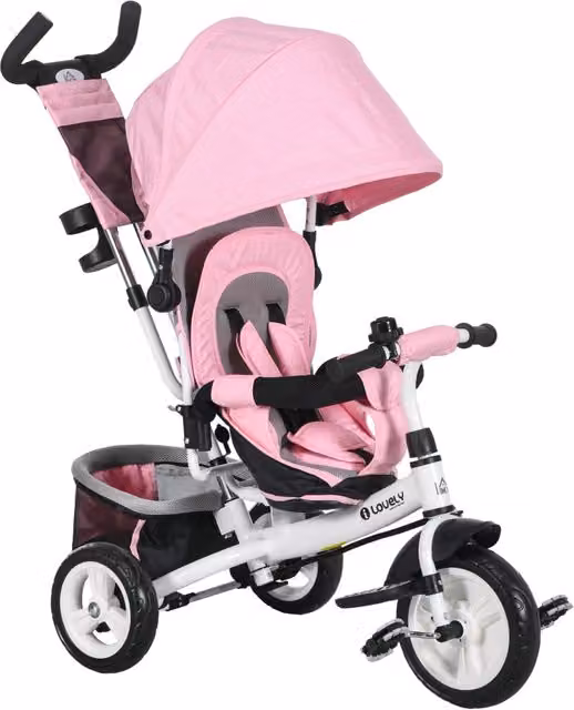 Triciclo per bambini Minimal con tettuccio regolabile, maniglia di spinta e freno, Bianco Rosa, H 102 x L 49 x P 102 cm