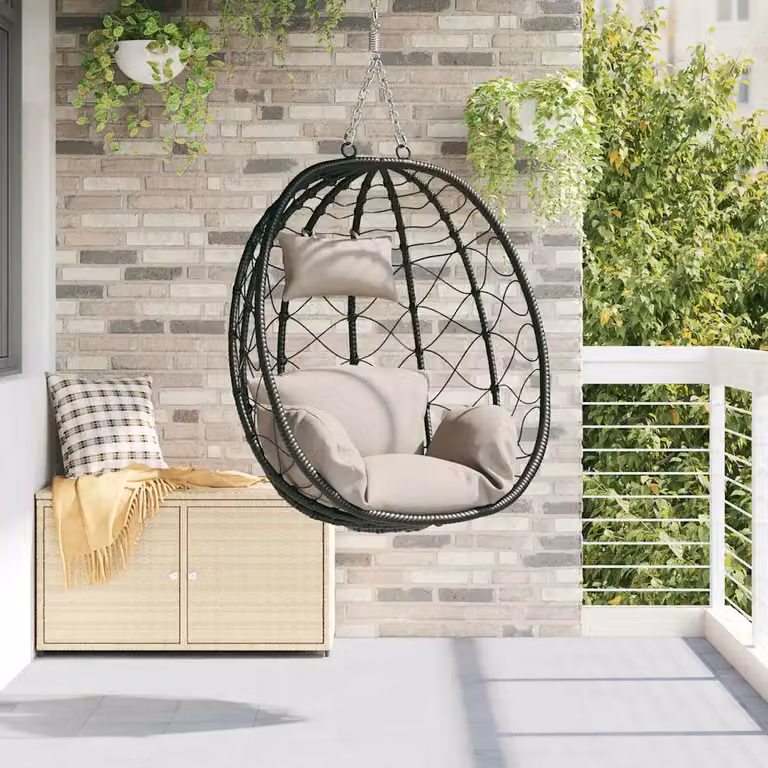 Sedia uovo sospesa moderna vidaXL in polyrattan con cuscini, colore tortora, L/P/H: 54.5 x 91 x 107 cm