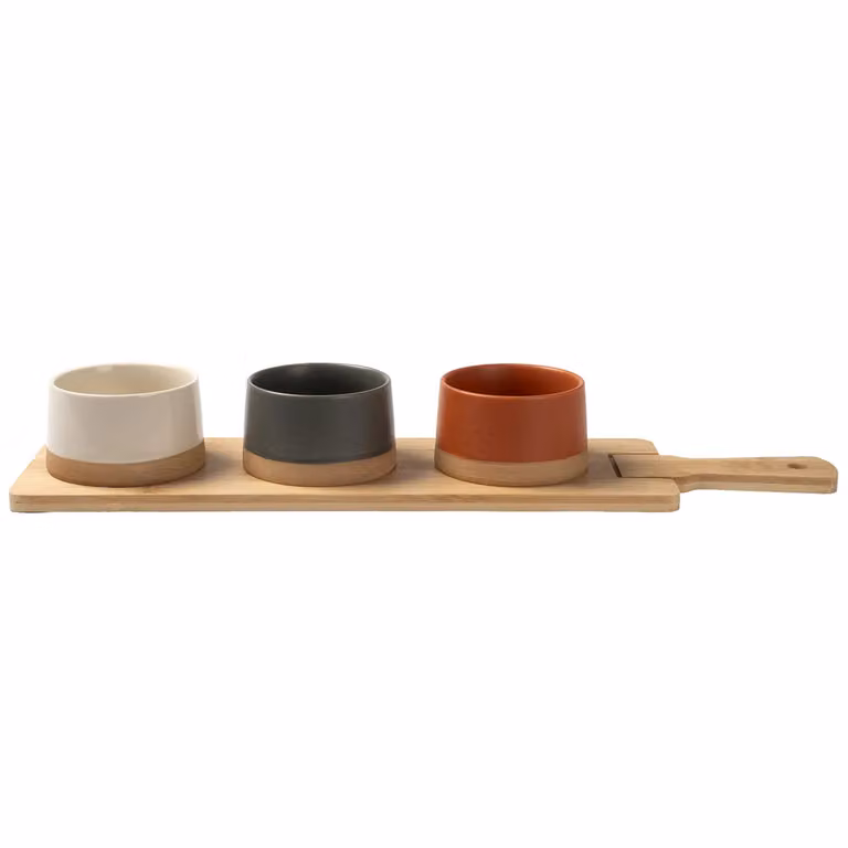 Antipastiera Gusto Casa Linea Terranostra con 3 Ciotole in Ceramica Multicolore e Base in Bamboo, L: 48 cm, P: 12 cm