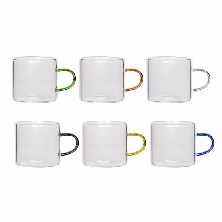 GUSTO CASA Set di 6 tazzine da caffè Coffee Break in vetro borosilicato trasparente e multicolore da 9 cl