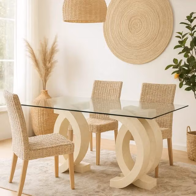 Tavolo da pranzo rettangolare Curves Duzzle beige e trasparente con piano in vetro lucido L: 180 cm, P: 100 cm, H: 76 cm