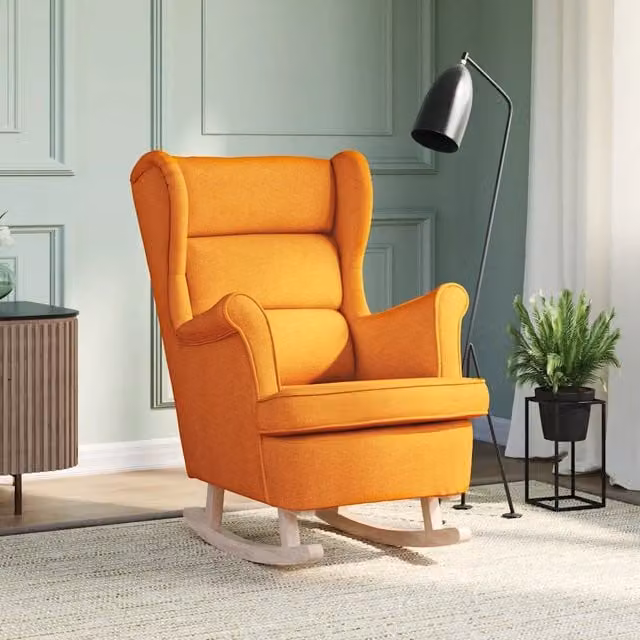 Sedia a dondolo vidaXL in tessuto giallo e arancione con struttura in legno di gomma L: 74 cm, P: 90 cm, H: 102 cm