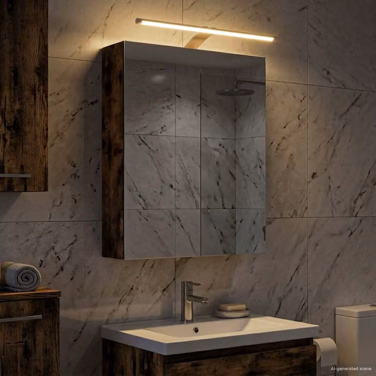 Mobiletto per specchio da bagno vidaXL in rovere fumé con illuminazione LED e ripiani interni, L 50 cm x P 14,5 cm x H 70 cm