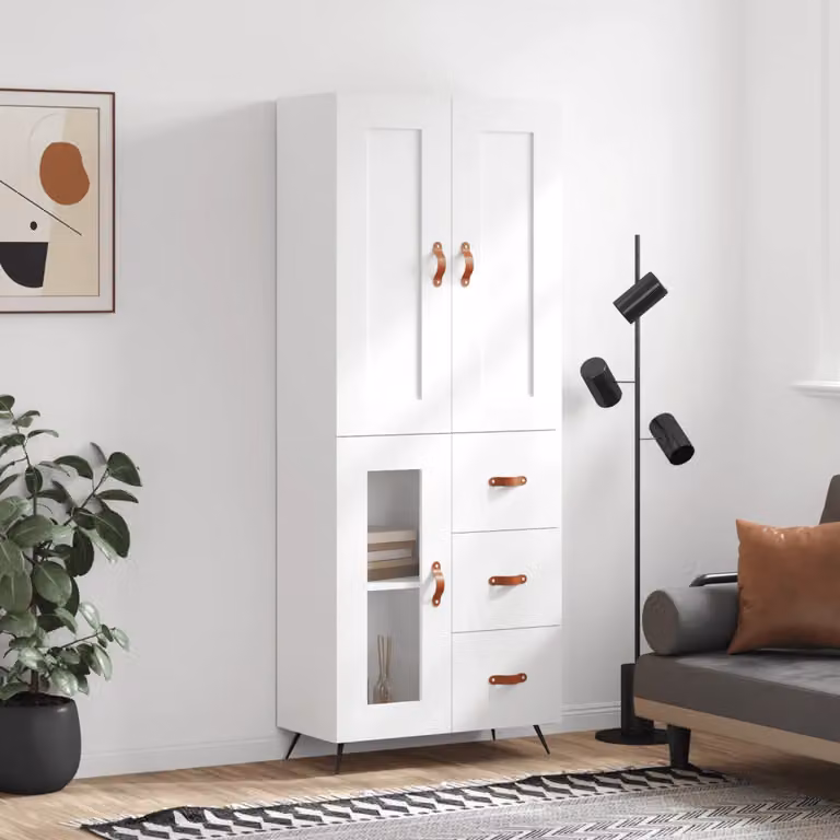 Credenza moderna vidaXL bianca con ante a battente e cassetti in legno, metallo e vetro L/P/H: 69,5 x 34 x 180 cm