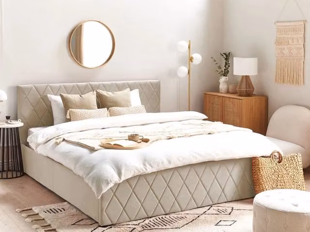Letto contenitore BELIANI in velluto beige con testiera trapuntata e base a doghe L/P: 180 x 200 cm