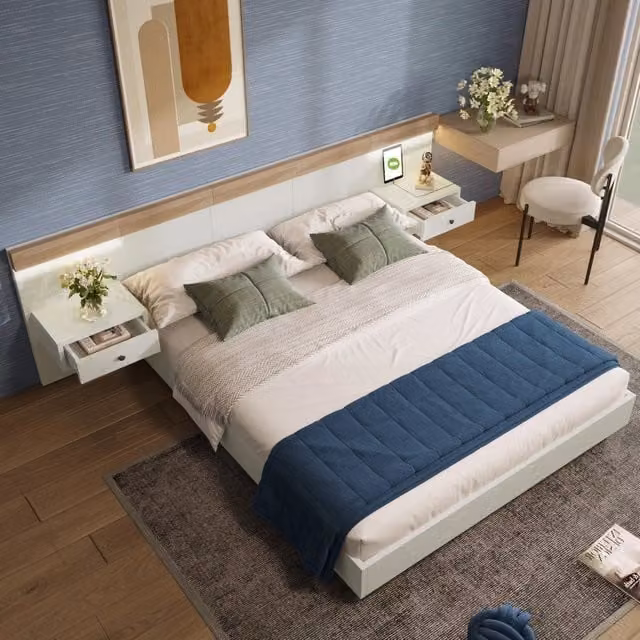 Letto matrimoniale WISHDOR con 2 comodini, illuminazione LED sottostante e porte di ricarica USB, bianco e marrone, 140x200 cm