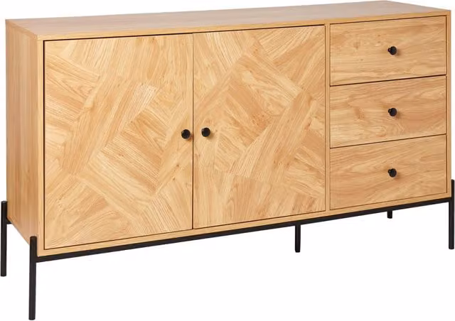 Credenza Beliani in stile industrial con base in metallo nero e legno chiaro, ideale per soggiorno o sala da pranzo