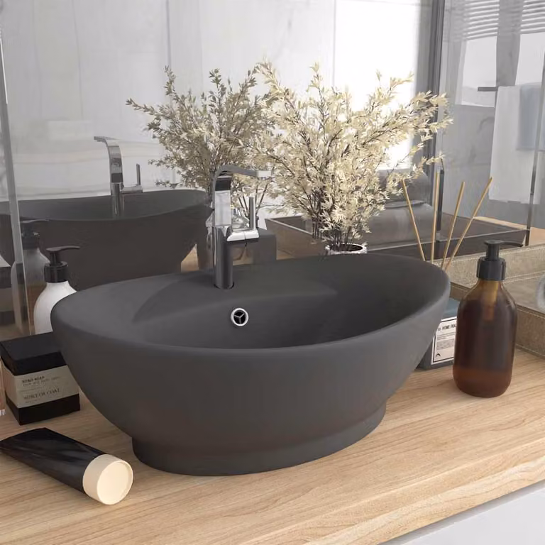 Lavabo da appoggio ovale in ceramica vidaXL, Grigio scuro opaco, L: 58,5 cm, P: 39 cm