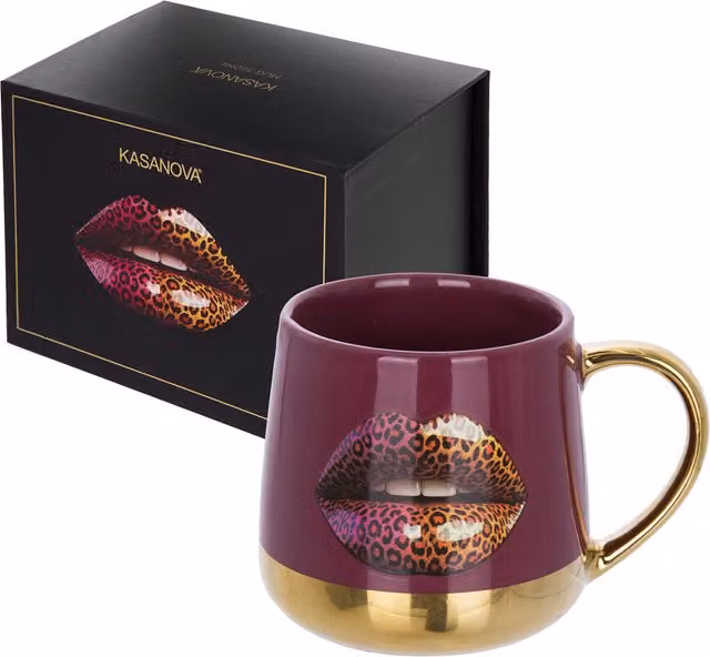 Tazza in ceramica con decorazione labbra leopardate marrone e oro, 360 ml