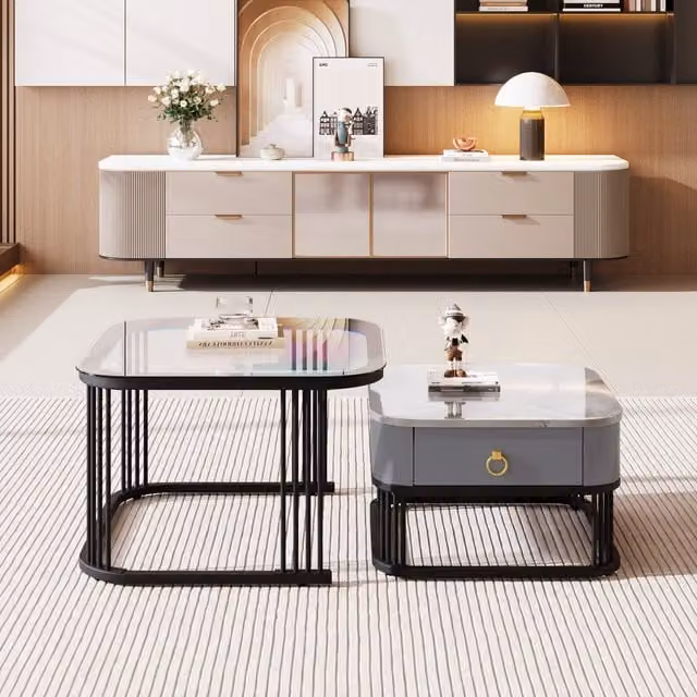 Set di 2 Tavolini da Salotto Impilabili GL Store con Piano in Marmo Lucido e Vetro, Struttura in Metallo, Nero, L/P/H: 60 x 60 x 42 cm e 50 x 50 x 34 cm