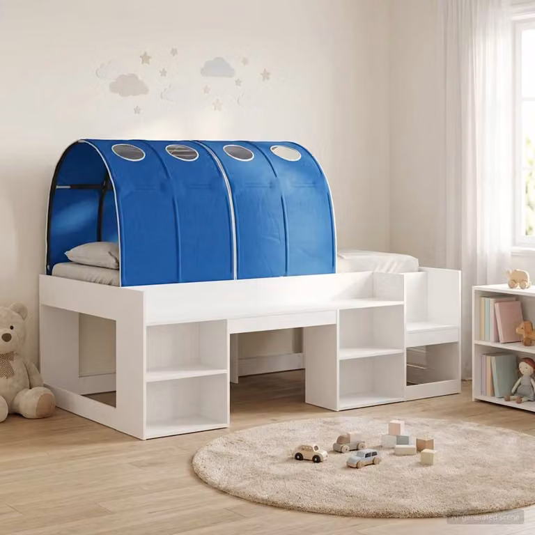 Letto per bambini vidaXL con tunnel e scomparti laterali, Bianco e Blu, L/P/H: 203 x 120 x 108,5 cm