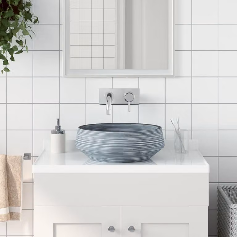 Lavabo da appoggio rotondo vidaXL in ceramica grigio, Diametro: 41 cm, Altezza: 14 cm
