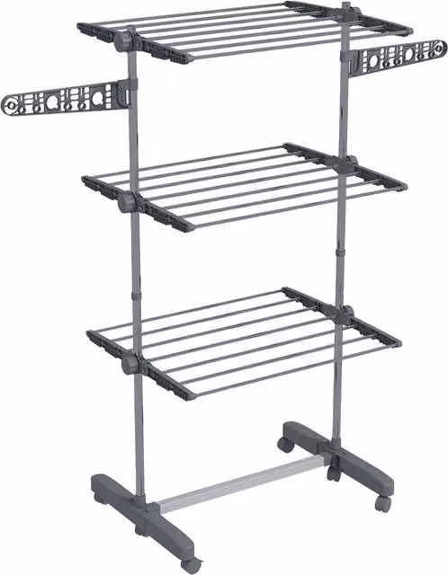 Stendino Verticale HOMCOM con 3 Ripiani Regolabili, Pieghevole e con Ruote, in Acciaio e Plastica, Grigio e Argento, L 142 cm x P 55 cm x H 152 cm