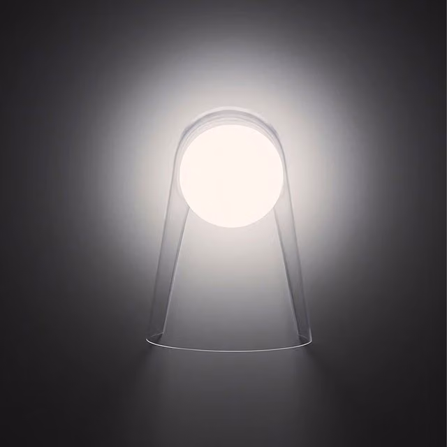Applique Foscarini Satellight bianca e trasparente con vetro e tecnologia LED dimmabile