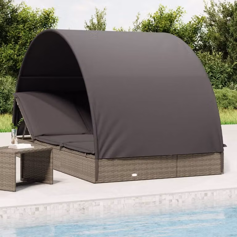 vidaXL Lettino Doppio con Tetto Rotondo Grigio in Polyrattan e Acciaio L: 211 cm, P: 112 cm, H: 140 cm