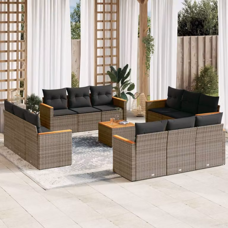 vidaXL Set Divani da Giardino 13 pz in Polyrattan Grigio con Cuscini e Tavolino da Esterno