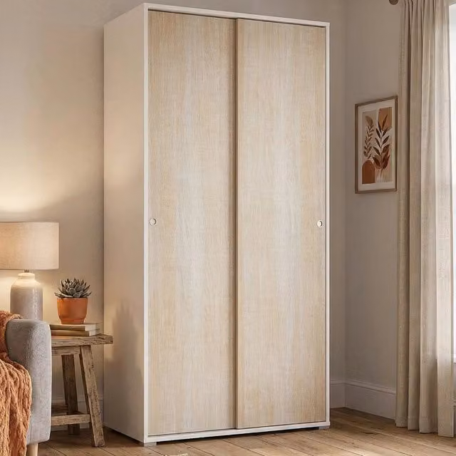 Armadio DMORA per camera da letto con ante scorrevoli e ripiani interni, Rovere, L: 90 cm, P: 45 cm, H: 195 cm