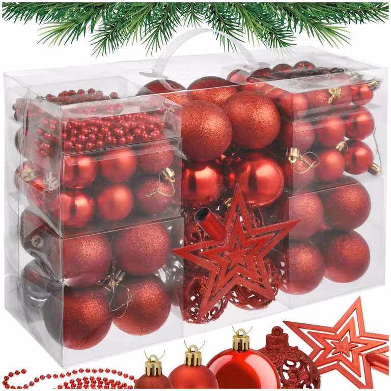 Set da 84 palline natalizie rosse con decorazione a stella e catena in plastica per albero di Natale tectake