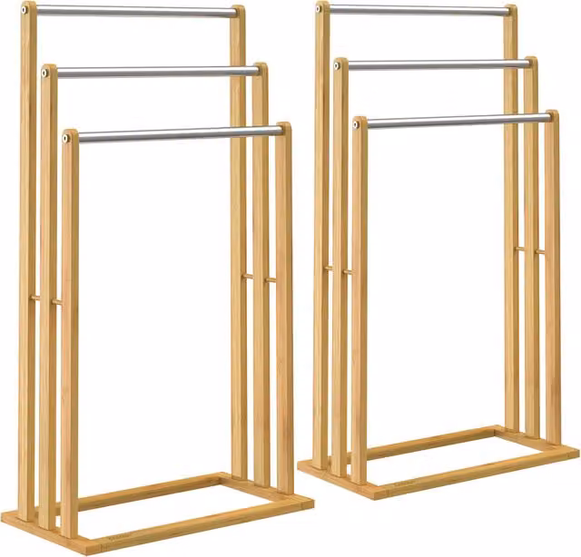 Set di 2 portasciugamani autoportanti Casaria® in bambù marrone con 3 barre in acciaio inox, H: 84 cm, L: 46 cm, P: 24 cm