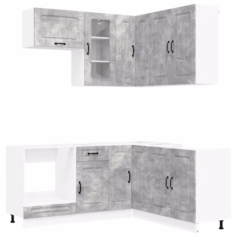 Unità cucina moderna vidaXL KALMAR composta da 8 pezzi in grigio cemento e legno ingegnerizzato con ante in vetro e ripiani aperti