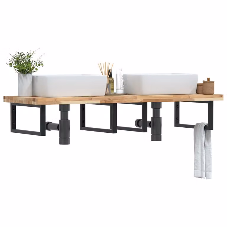 vidaXL Ripiano a Parete per Lavabo Moderno in Acciaio e Legno di Acacia, L: 120 cm, Colore Nero e Marrone