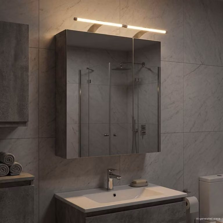 Mobiletto per specchio da bagno vidaXL Grigio, con illuminazione LED e ante in vetro, montaggio a parete