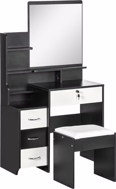Set da toeletta HOMCOM con tavolo da trucco, specchio grande, sgabello imbottito, ripiani aperti e 4 cassetti, nero e bianco