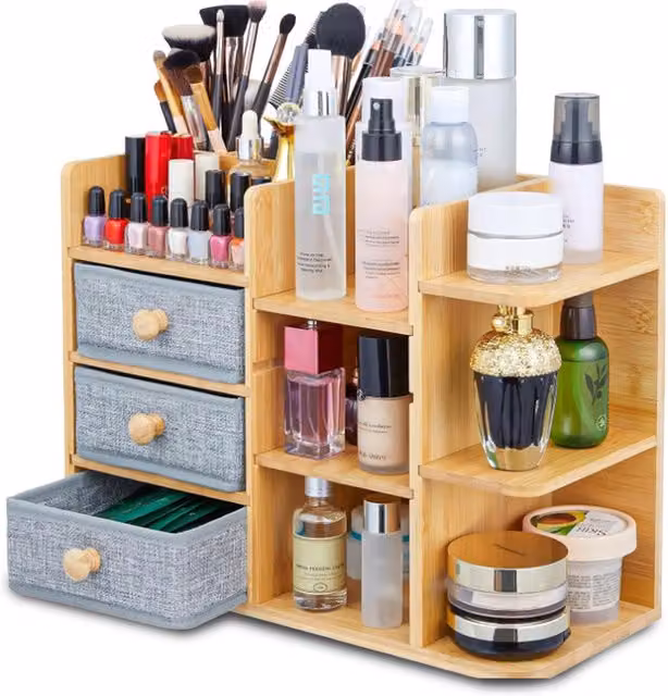 Scaffale Organizer Avilia Home in Bambù Marrone con 3 Cassetti e Ripiani Modulabili L/P/H: 41 x 30,5 x 17 cm