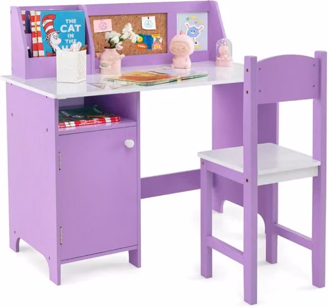 Set moderno di scrivania, sedia, scaffale e armadietto per bambini in legno e MDF, colore viola