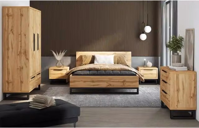 Set camera completa stile industriale MEUBLORAMA collezione MILOS in rovere e nero con armadio a 3 porte, letto, cassettiera e comodini