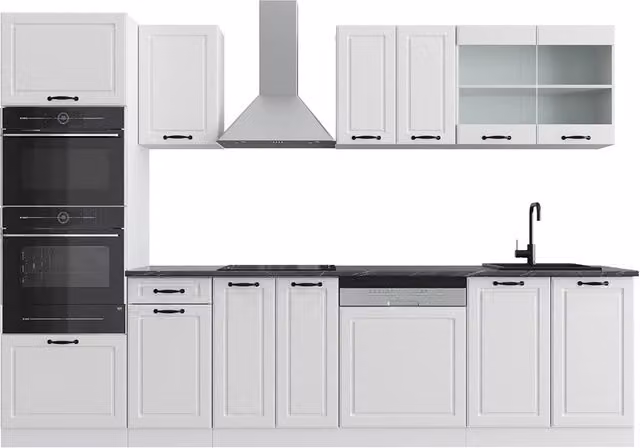 Cucina componibile R-Line Vicco Bianco rustico, L: 300 cm, con armadio alto e ante in vetro, senza piano di lavoro