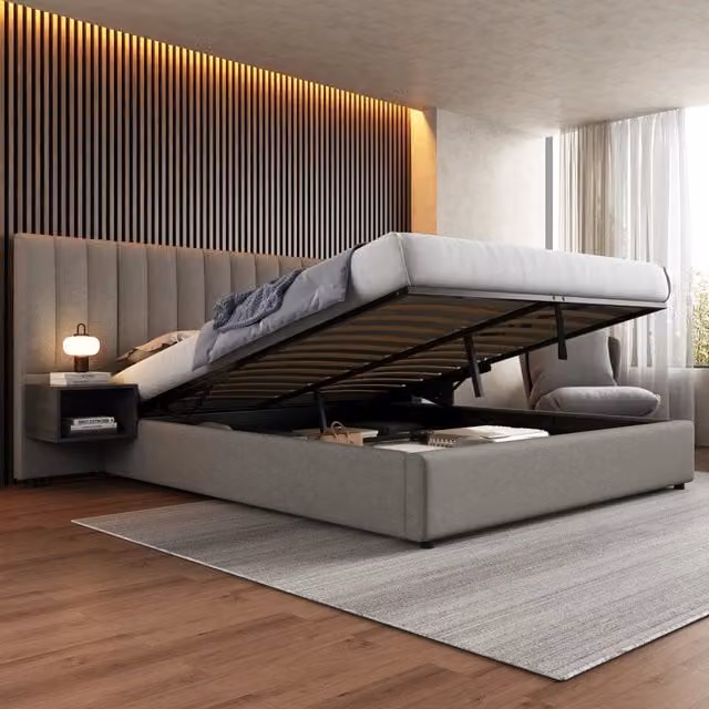 Letto contenitore MIVRAY con due comodini e sollevamento idraulico, rivestito in lino grigio e nero, L/P: 180 x 200 cm