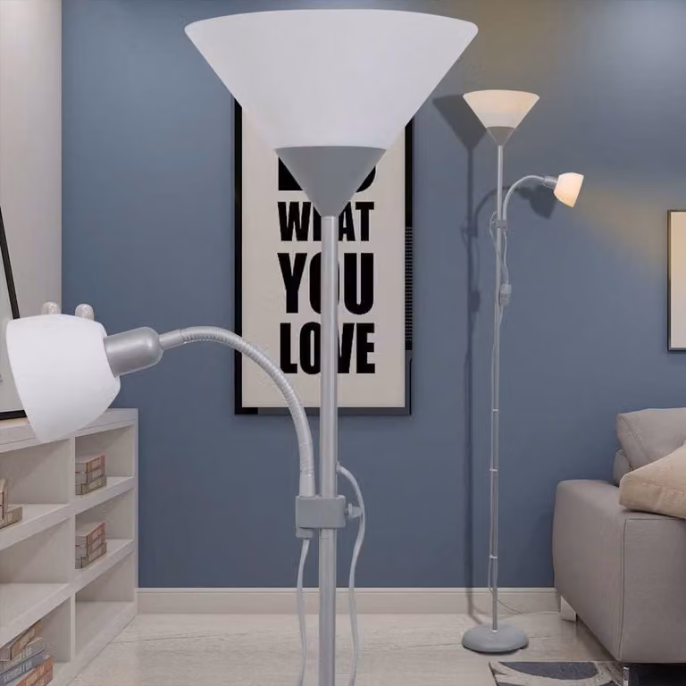 vidaXL Lampada da Pavimento Moderna in Metallo Grigia con Paralume in Tessuto Bianco e Attacco E14, Altezza: 180 cm