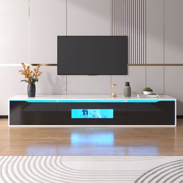 Mobile TV moderno lucido con illuminazione LED GL Store Bianco e Nero L/P/H: 180 x 35 x 30 cm