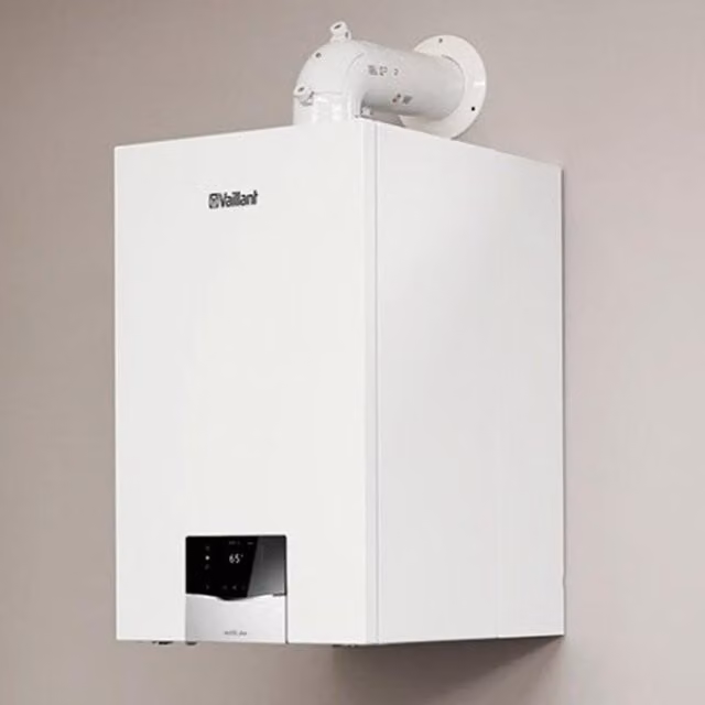 Caldaia a gas a condensazione ad accumulo Vaillant Ecotec Plus VMI da 30 kW con serbatoio da 20 l, colore bianco, a parete