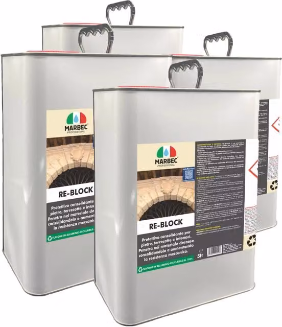Consolidante per pietra Marbec RE-BLOCK a base di solvente, trasparente, confezione da 4 x 5 l