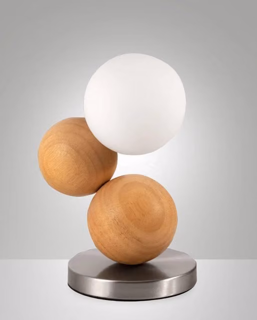 Lampada da Tavolo Micky Fabas in Metallo, Legno e Vetro Soffiato, Colore Marrone e Argento, Dimmerabile con Regolazione al Tocco, Altezza: 23 cm