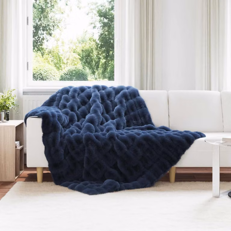 Set di 4 copertine antiscivolo vidaXL in finta pelliccia di coniglio blu, L 220 cm x P 150 cm